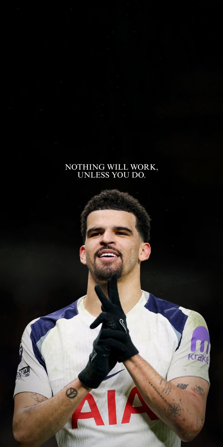 Elevate your iPhone with this Dominic Solanke 4K OLED wallpaper featuring an inspiring motivational quote against a deep black background. This sports wallpaper captures the Tottenham striker in sharp detail with vibrant team colors and a focused, triumphant mood.