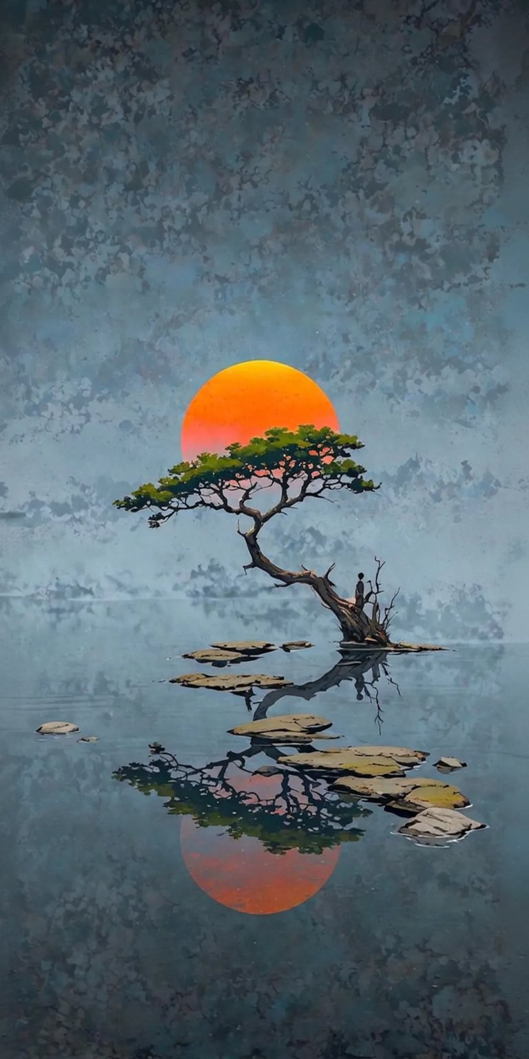 Bonsai tree reflection moon nature art iPhone wallpaper HD