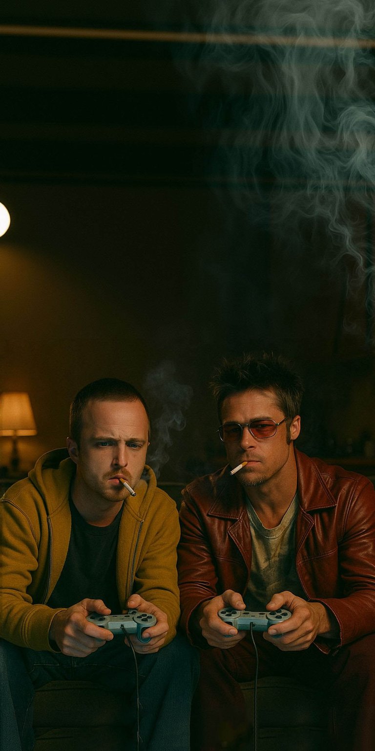 This cinematic aesthetic wallpaper features a stylized crossover of iconic characters Jesse Pinkman and Tyler Durden gaming in a moody, smoke-filled room. Optimized for iPhone, the wallpaper captures a gritty atmosphere with warm amber lighting and deep shadows.