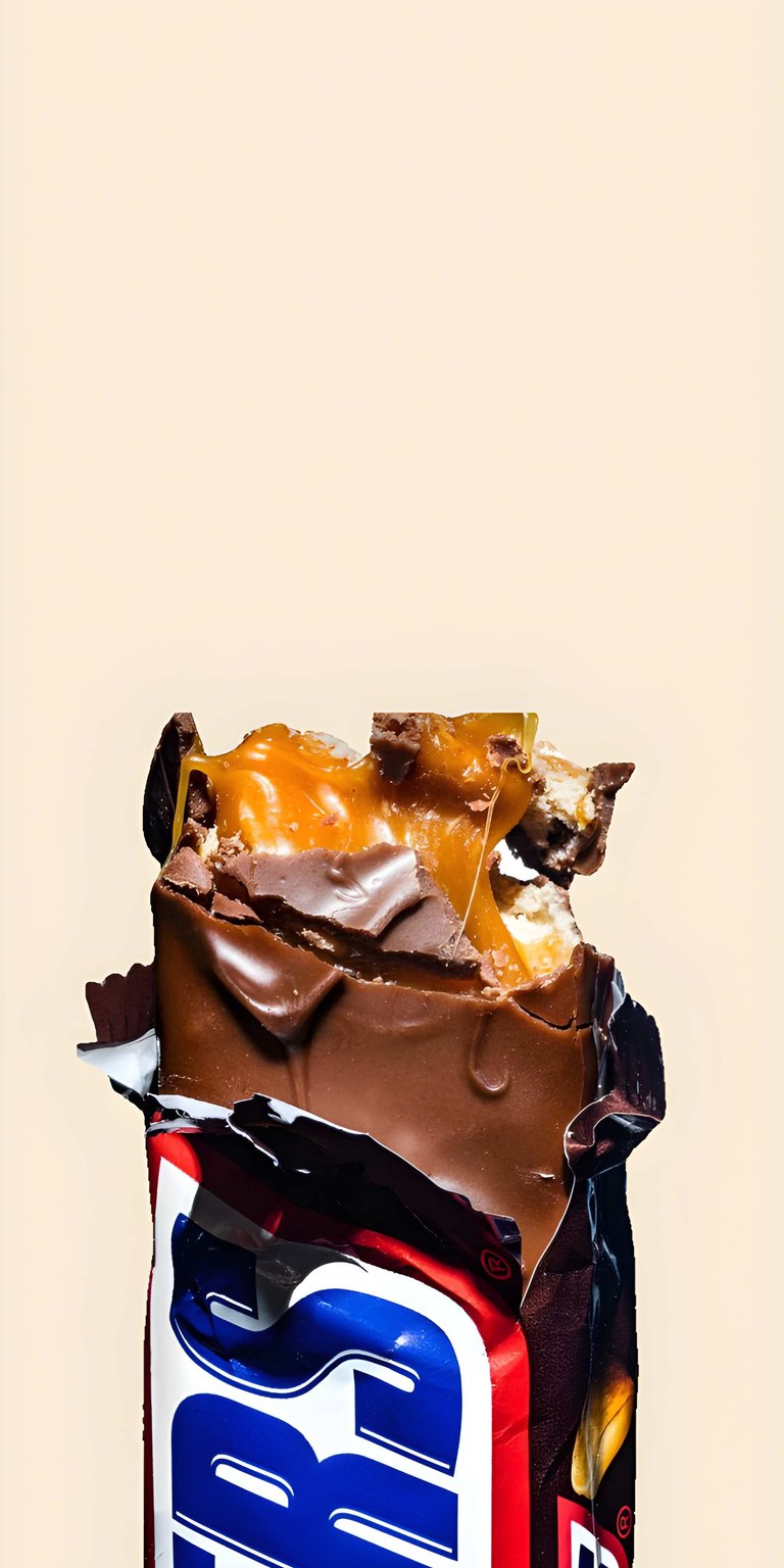 This high-resolution 4K wallpaper features a macro shot of a bitten Snickers bar revealing gooey caramel and nougat. The clean, minimalist aesthetic wallpapers design makes it a perfect high-contrast choice for an iPhone lock screen.