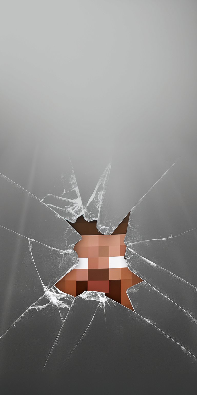 Download this Minecraft Steve 4K wallpaper to stylize your iPhone! This wallpaper features a shattered screen effect revealing Steve's pixelated face through the cracks with grey background.