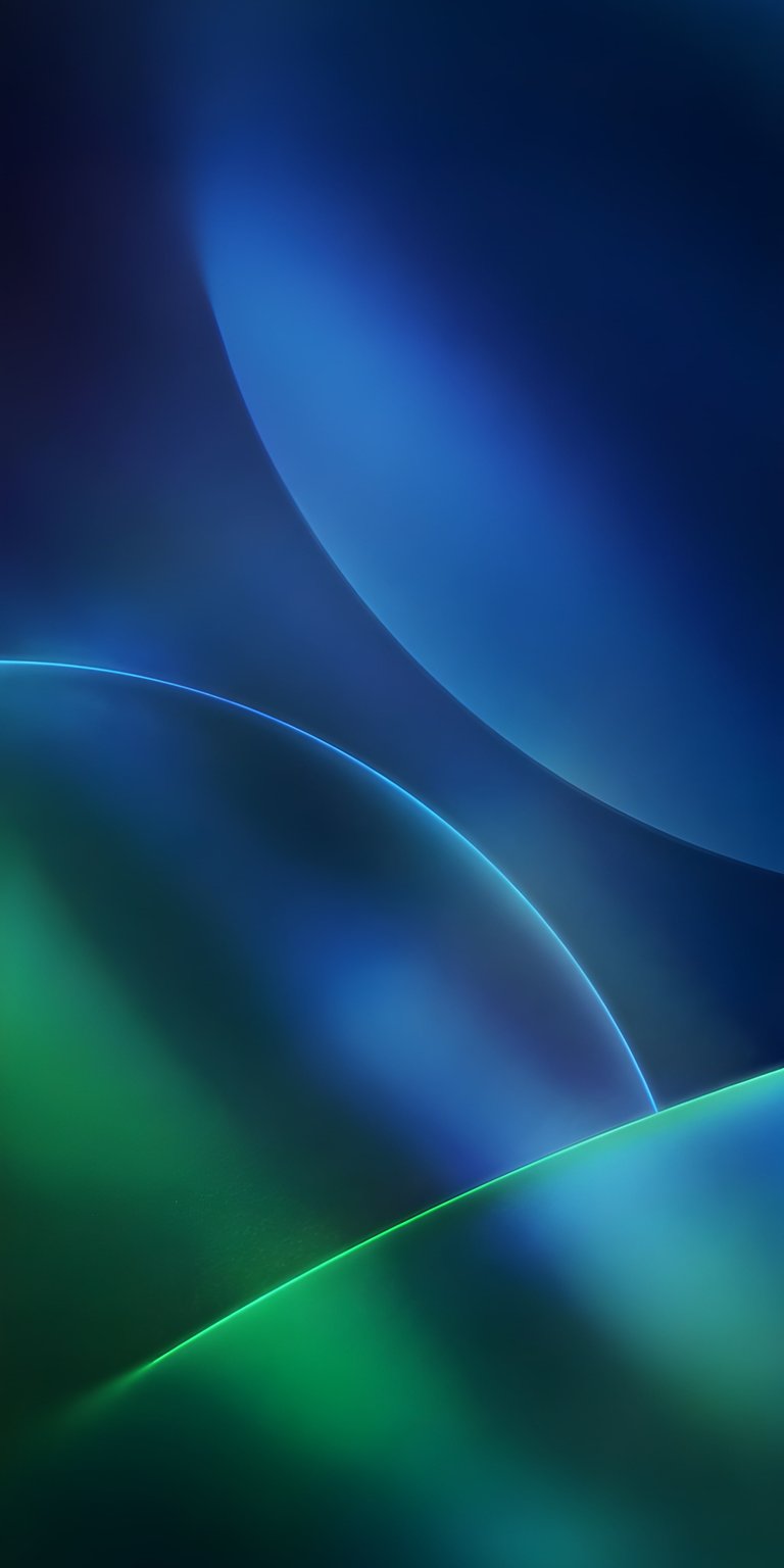A sleek and modern abstract design featuring deep blue and emerald green gradients. Luminous neon lines curve across the screen, creating a sense of depth and fluid motion. This high-contrast wallpaper is designed to make app icons pop, offering a futuristic and professional look for OLED and 4K displays.