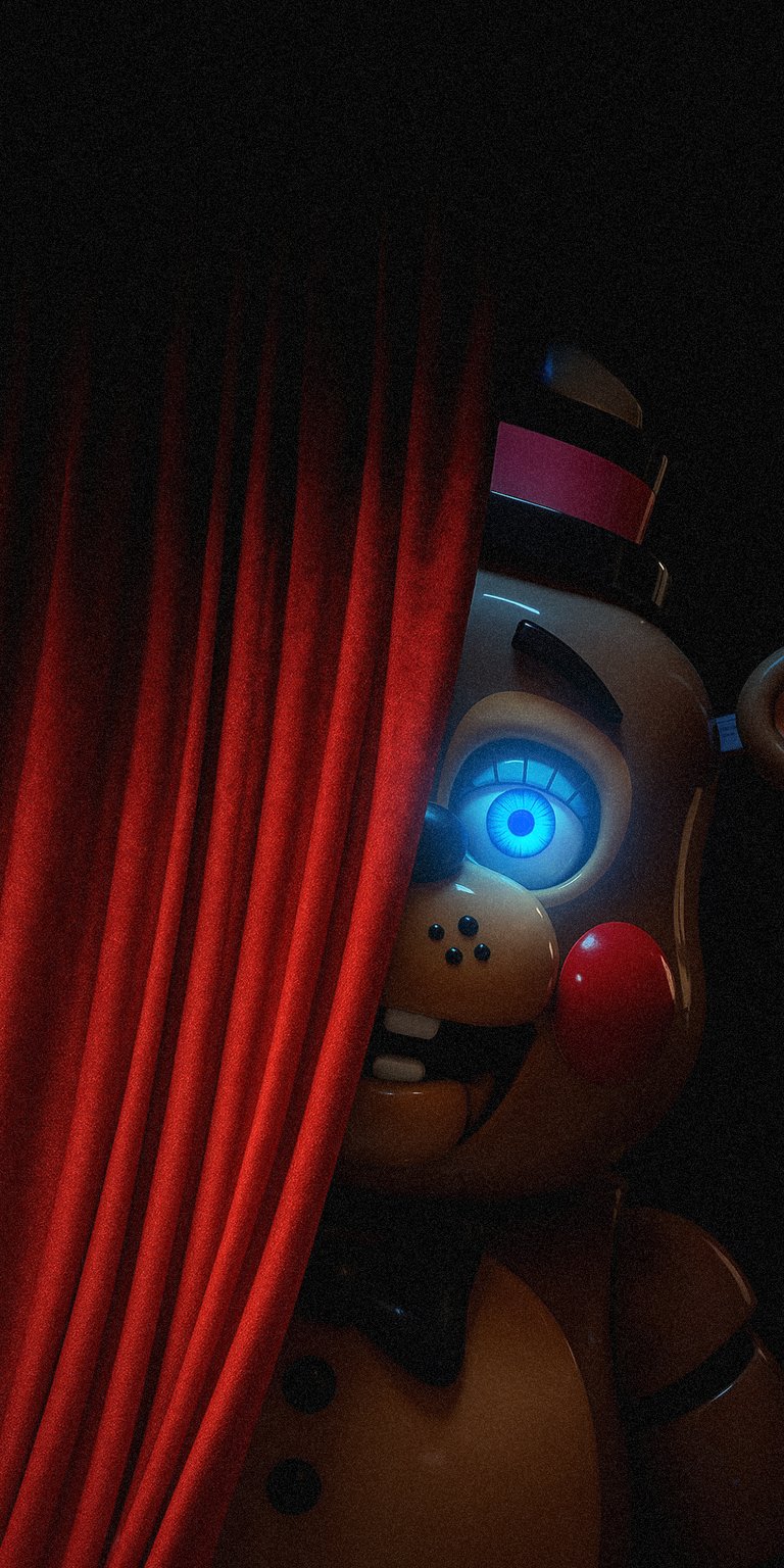 Bring a spooky touch to your iPhone with this Toy Freddy Fazbear 4K wallpaper, featuring a animatronic bear peering from behind a velvety, red curtain. The bright blue eyes and shiny red nose of this wallpaper add a captivating, eerie charm to your screen.
