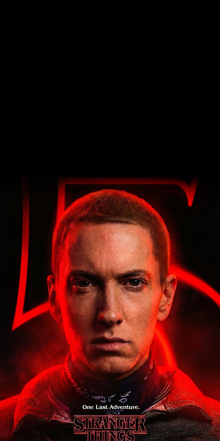 Check out this Eminem Stranger Things iPhone wallpaper in 4K resolution. This wallpaper features a striking portrait against a dark background with a red glow and the text "One Last Adventure."
