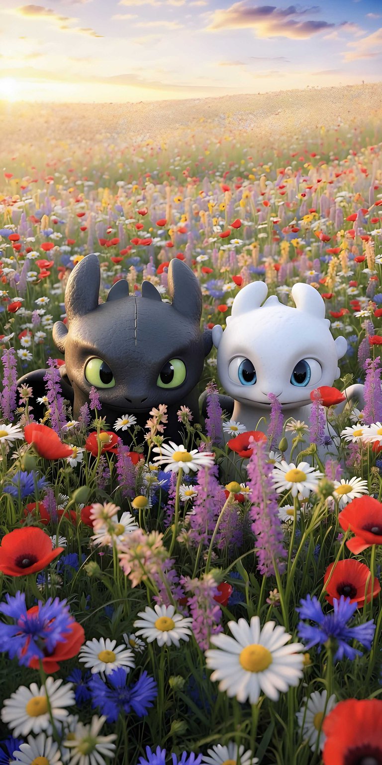 This aesthetic wallpaper features the iconic dragon duo nestled within a vibrant, sun-drenched field of wildflowers. Perfect for your iPhone, this 4K wallpaper captures a peaceful mood with its soft bokeh and bright, colorful floral details.