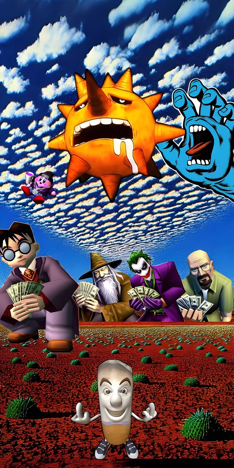 This vibrant 4K wallpaper features a surreal mashup of iconic characters for your iPhone. The image includes a crying sun, a Santa Cruz hand, and a Wizard playing poker with stacks of cash.