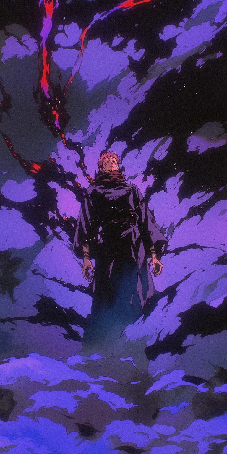Download this incredible Yuji Itadori 4K wallpaper for your iPhone, showcasing dark ominous clouds with strands of red energy. This stunning wallpaper captures Yuji's intense presence in a unique illustrative art style.