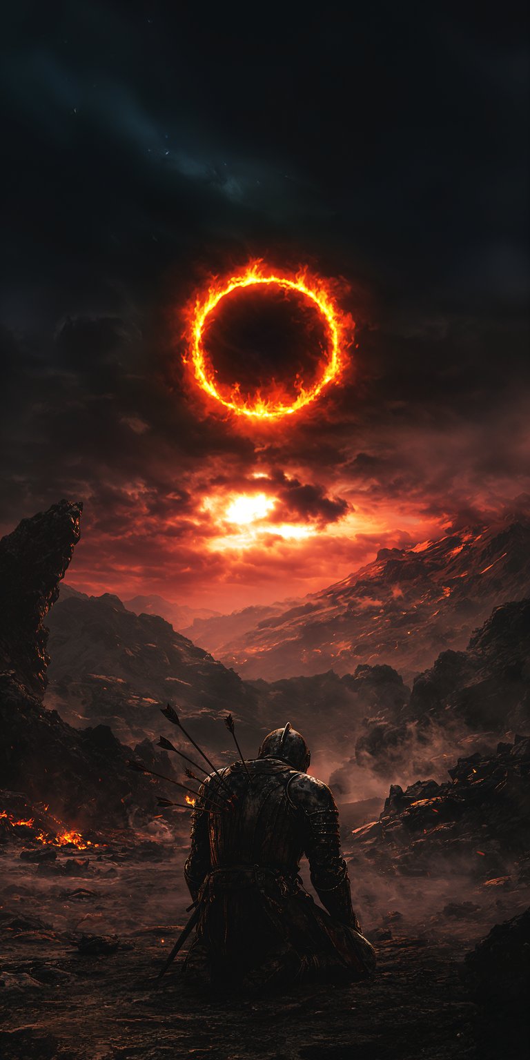 Download this Dark Souls wallpaper in 4K to customize your iPhone. This incredible wallpaper features a kneeling knight pierced with arrows and a fiery eclipse in the sky.
