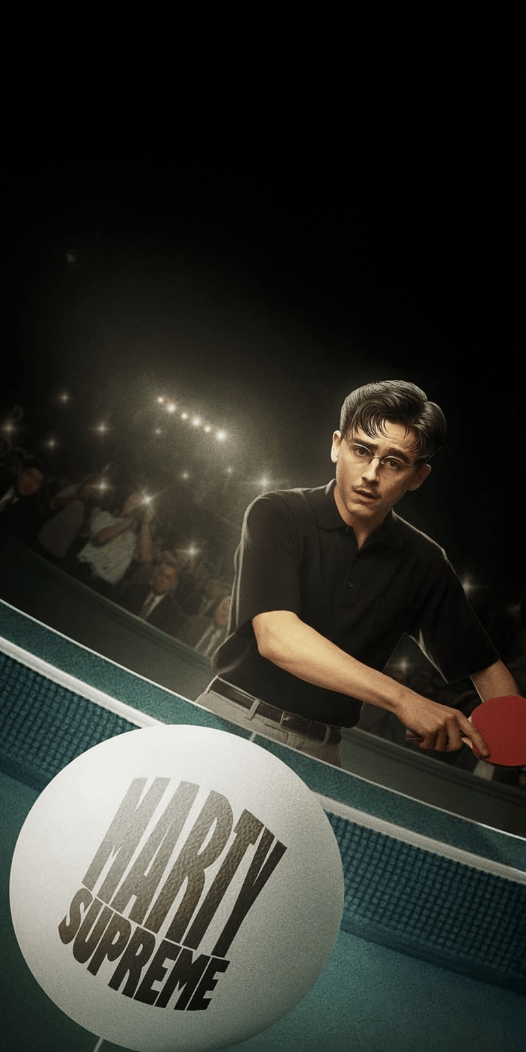 Download this gripping Marty Supreme 4K wallpaper for your iPhone, showcasing a tense ping pong match. Note the stylized "Marty Supreme" text on the ping pong ball, the bright stadium lights, and the intense look on the player's face. Get this wallpaper now!