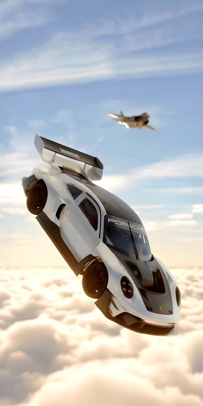 This high-octane 4K wallpaper features a white Porsche 911 GT3 R soaring through a bright, cloud-filled sky alongside a fighter jet. Designed for iPhone, this aesthetic wallpaper captures a surreal cinematic mood with brilliant sunlight and soft depth-of-field effects.