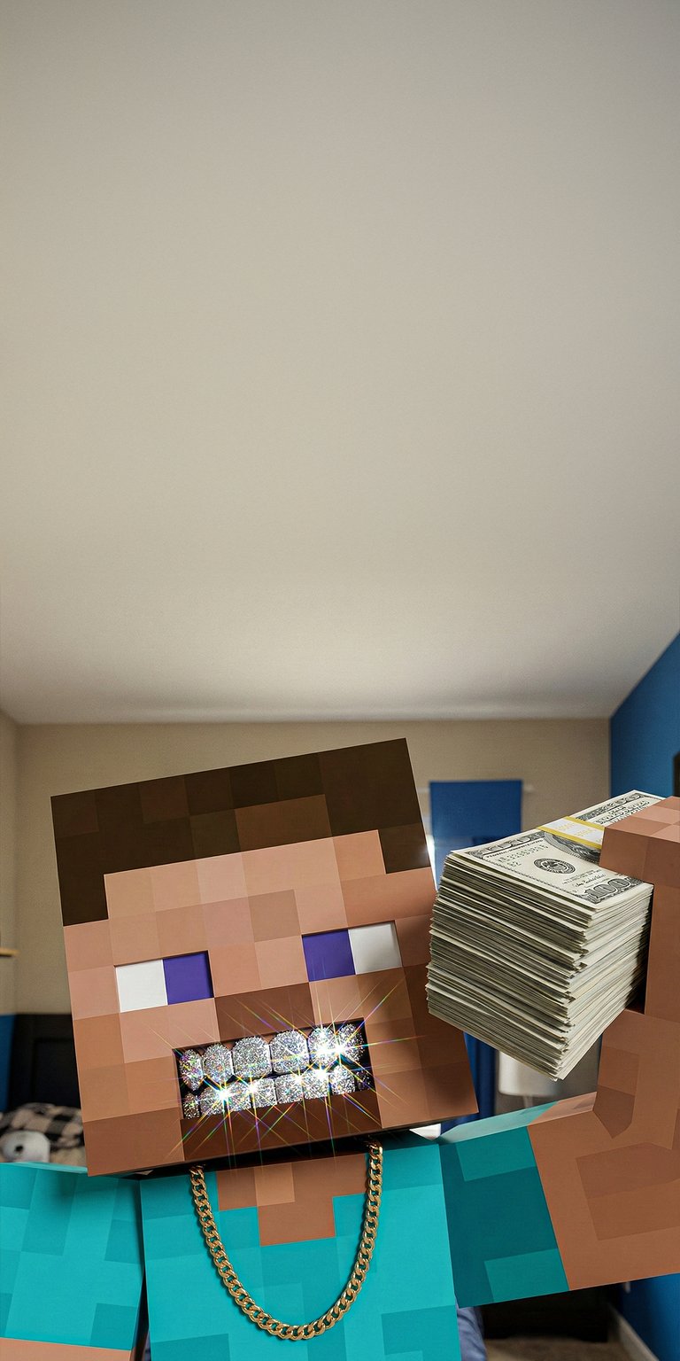 This 4K aesthetic wallpaper features a 3D Minecraft Steve flexing with iced-out diamond grillz and a massive stack of cash. Perfect for your iPhone, this wallpaper combines iconic blocky textures with realistic jewelry glints and bright, indoor lighting for a humorous, high-energy mood.