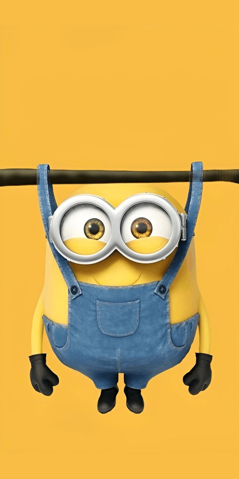 Download this Minion 4K wallpaper for your iPhone, showcasing a playful character hanging from a bar. This high-resolution wallpaper features the Minion's signature overalls, oversized goggles, and black gloves.