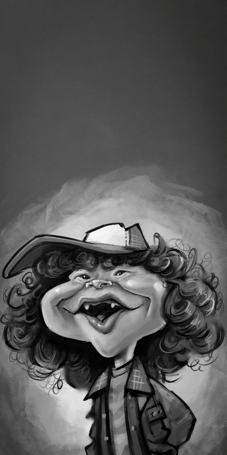 Download this Dustin Henderson 4K wallpaper for your iPhone, featuring his iconic curly hair and backwards hat. This black and white wallpaper also shows his signature toothy grin for a unique look.