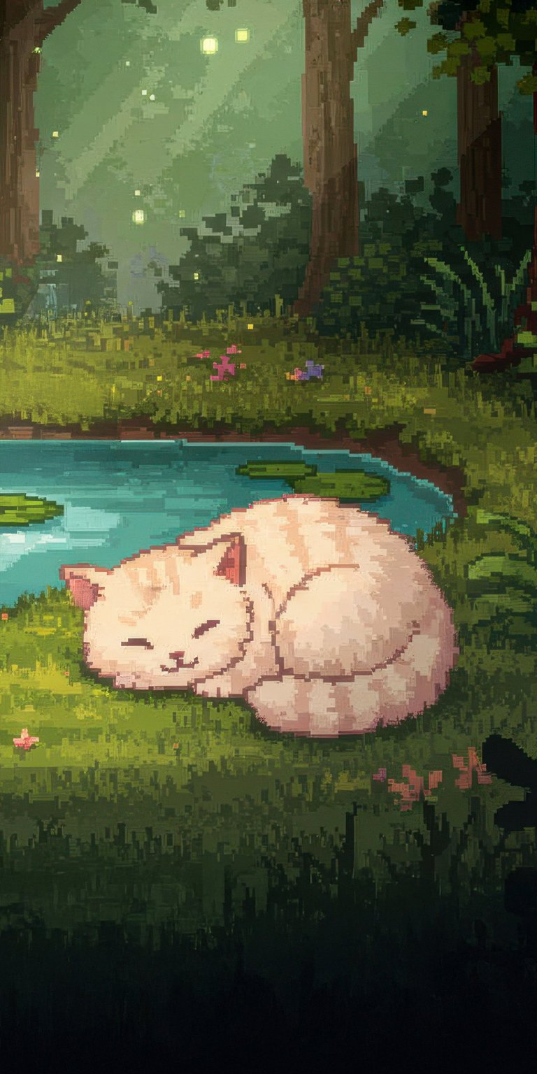 Cat pixelated in the forest art sleeping wallpaper 4k