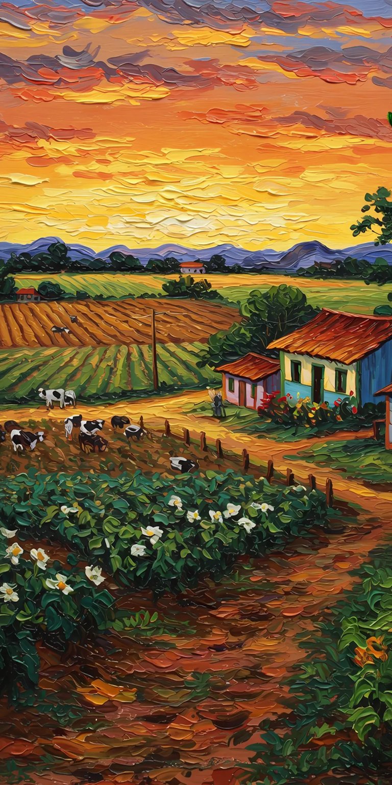 Beautiful sunset with a house in a field painting art iOS w 4K wallpaper