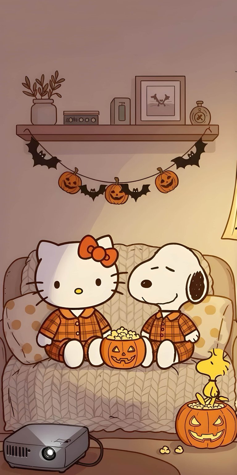 This aesthetic wallpaper features Hello Kitty and Snoopy enjoying a cozy Halloween movie night on an iPhone. The 4K wallpaper captures a warm, autumnal mood with soft orange lighting and charming illustrated details.