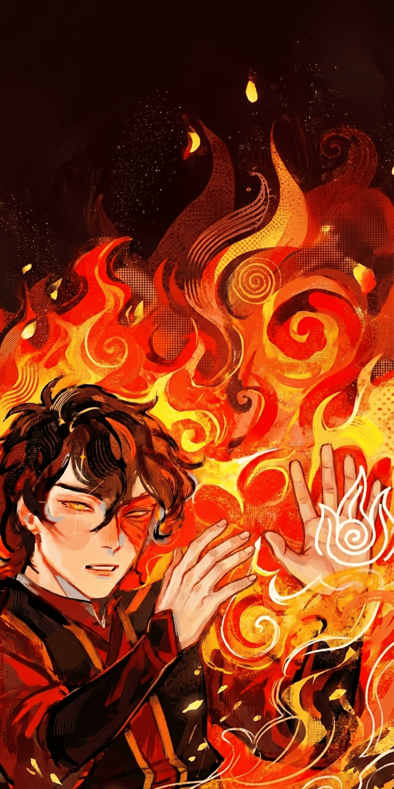 This aesthetic wallpaper features Prince Zuko wielding intense flames with a stylized, illustrative art style. Perfect for an iPhone lock screen, this 4K wallpaper captures a powerful mood through vibrant oranges, deep reds, and swirling golden embers.