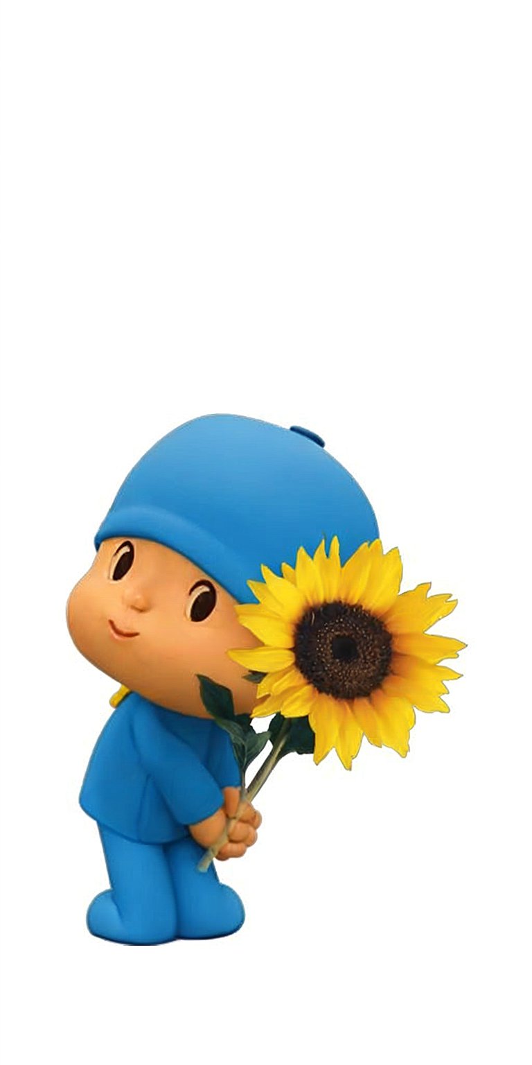 Get this Pocoyo wallpaper in stunning 4K for your iPhone! Pocoyo is holding a large sunflower with a dark center while wearing a blue outfit.