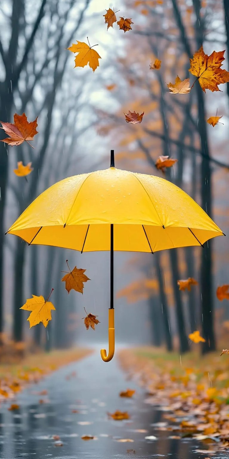This high-quality 4K wallpaper features a vibrant yellow umbrella suspended over a rain-slicked path surrounded by falling autumn leaves. Perfect for your iPhone, this aesthetic wallpaper captures a moody yet colorful seasonal atmosphere with soft bokeh and realistic water droplets.