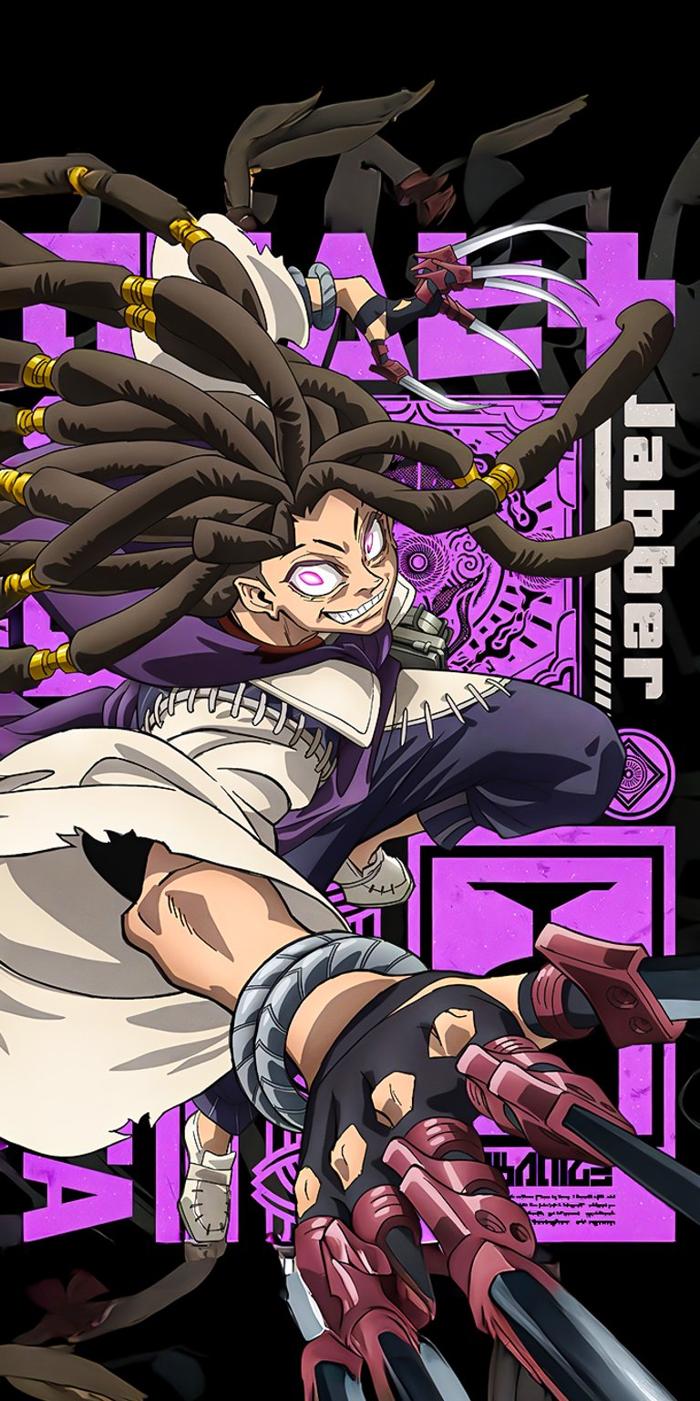 A popular visual featuring the character Jabber Wonger from the hit Gachiakuta manga and anime series, with intense glowing eyes and his signature dreadlocks. This image is designed to bring a powerful, action-packed, and mysterious anime aesthetic to your phone, perfect for adding a bold, dark, and driven look.