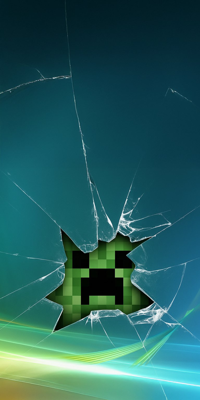 Get this unique Creeper wallpaper for your iPhone in stunning 4K resolution! This wallpaper features a Creeper face visible through a shattered glass effect against a blue gradient backdrop with green streaks.