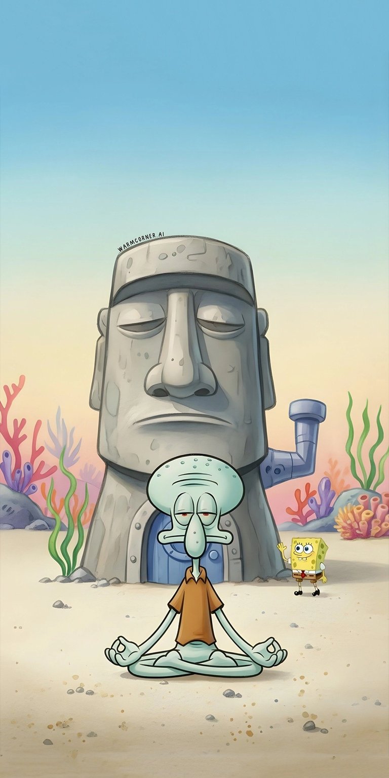 Download this Squidward 4K wallpaper for your iPhone, showcasing Squidward meditating in front of his Easter Island head house. The vibrant coral and distant SpongeBob add a touch of whimsy to this wallpaper.