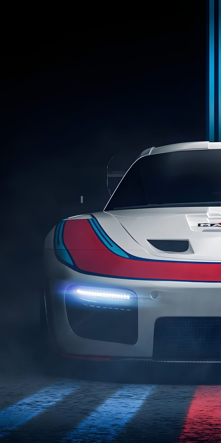 Futuristic Porsche Mission X hypercar concept in a sleek white finish. This 3D spatial wallpaper showcases the reinterpreted vertical headlights and aerodynamic curves for a high-tech iPhone lock screen.