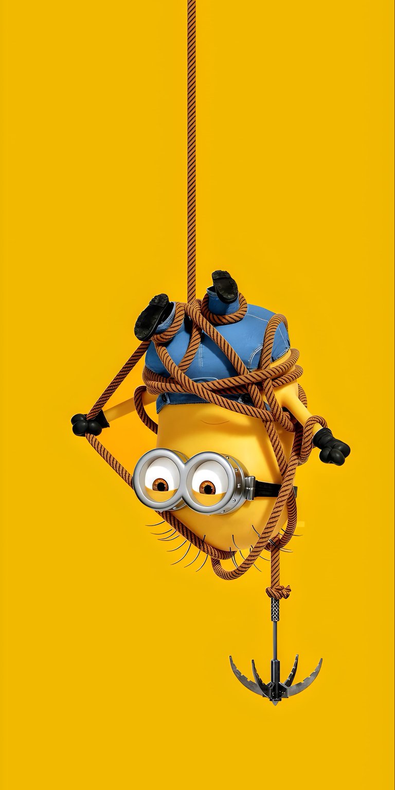 This 4K aesthetic wallpaper features a clumsy Minion tangled in ropes against a vibrant yellow background, making it a perfect high-contrast choice for your iPhone. This fun character wallpaper brings a playful and energetic mood to your mobile home screen with its sharp 3D textures.