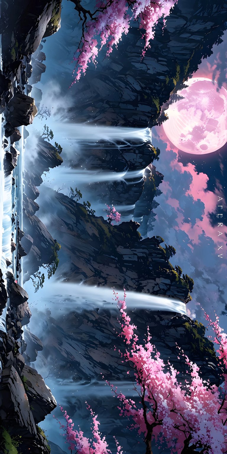 This stunning 4K wallpaper features a vibrant pink moon and cascading waterfalls framed by cherry blossoms. Perfect for your iPhone, this waterfall wallpaper brings a touch of serene beauty to your screen.