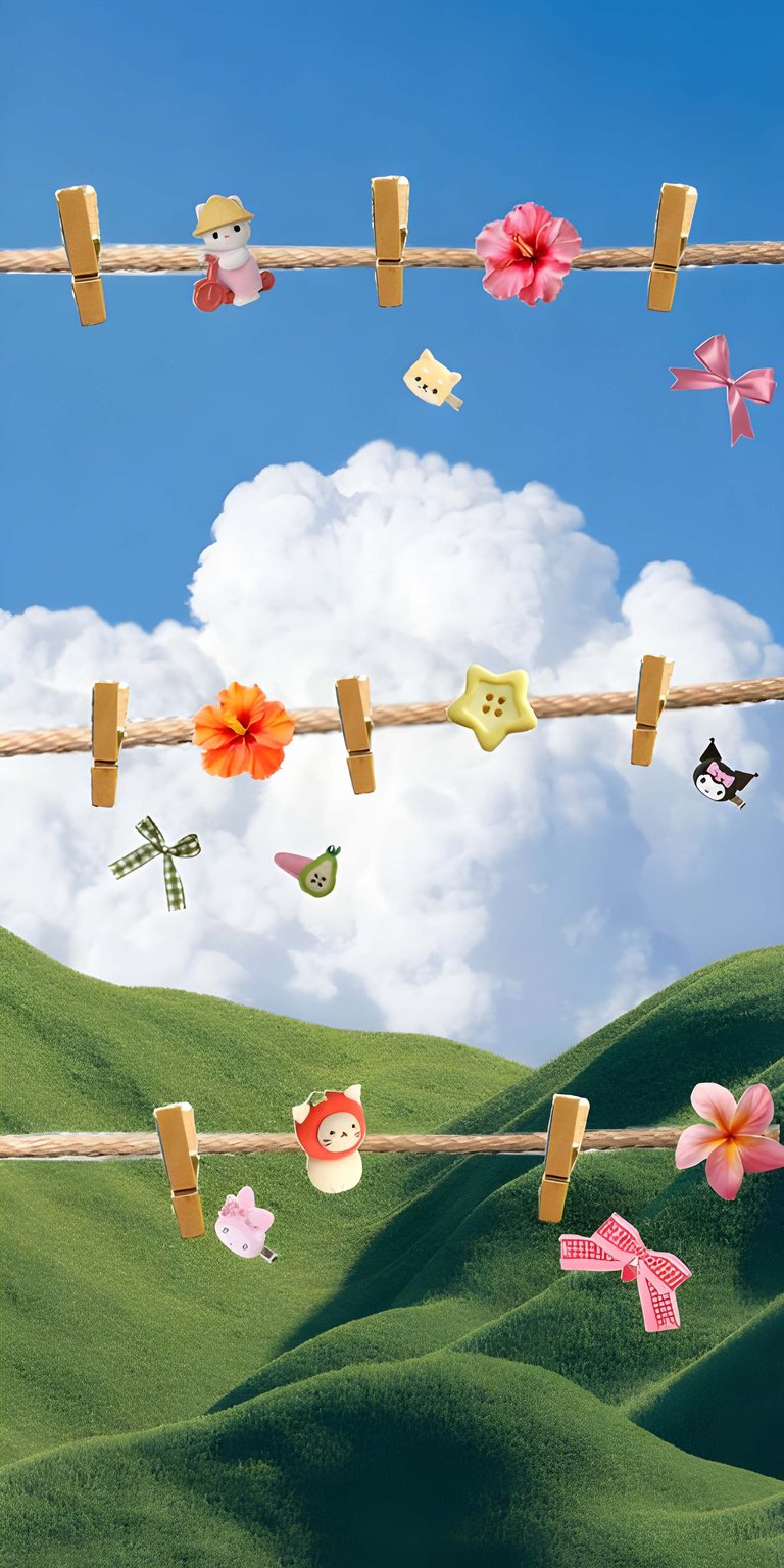 Sanrio characters wallpaper designed in an aesthetic wallpapers style, created as a playful wallpaper for iPhone screens. This wallpaper features bright blue skies, soft green hills, and a cheerful, lighthearted mood with gentle depth.