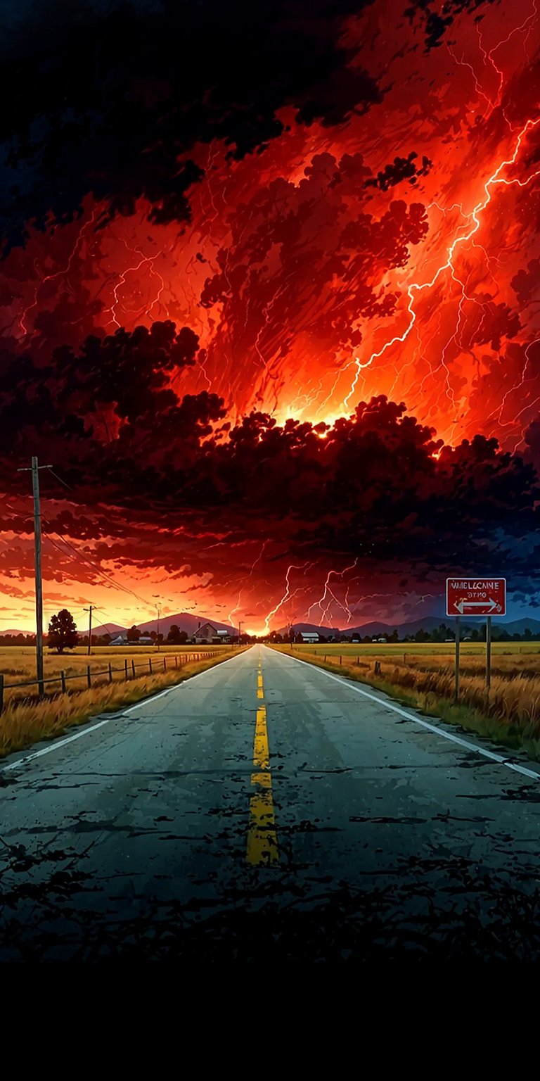 Download this striking red sky wallpaper in 4K for your iPhone, showcasing a long road cutting through a field with lightning striking in the distance. The wallpaper also shows a "Welcome" sign.