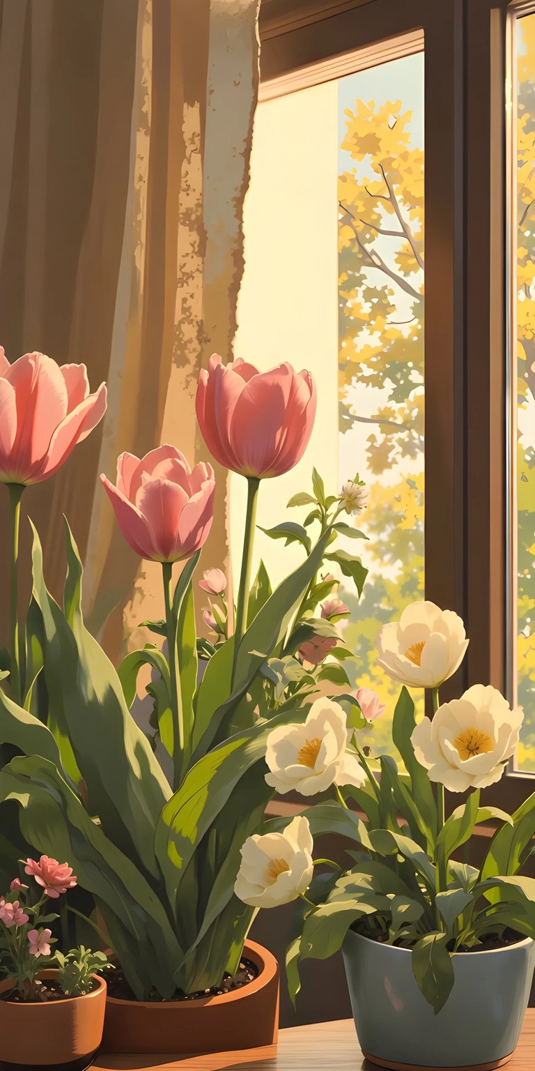 Download this stunning Tulips 4K wallpaper for your iPhone, showcasing a collection of pink and white tulips in terra cotta and blue pots. The natural light streams in through a window framed by a tan curtain, highlighting the yellow foliage outside.