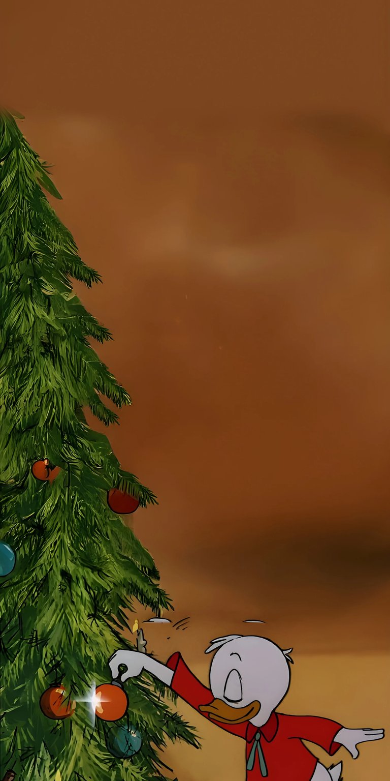 Spruce up your iPhone with this charming Scrooge McDuck 4K wallpaper! Watch as he decorates a Christmas tree with vibrant red and blue ornaments amidst a warm, inviting backdrop, making this wallpaper a delightful addition.