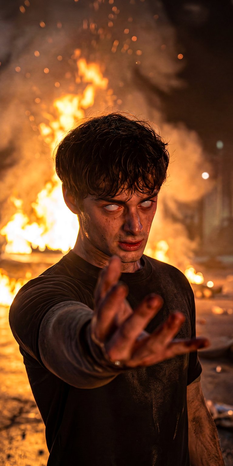 Get this Will Byers wallpaper for your iPhone in stunning 4K resolution. This wallpaper features Will with eerie white eyes, a dark t-shirt, and a fiery inferno in the background.