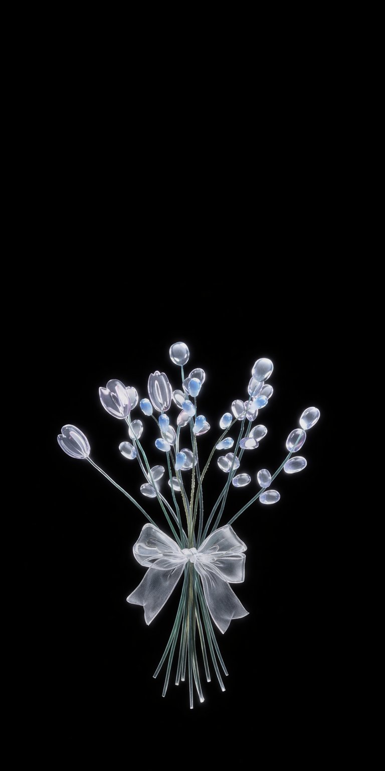 This stunning OLED wallpapers design features a delicate crystal flower bouquet perfect for your iPhone lock screen. The high-contrast wallpaper showcases translucent glass petals and a glowing bow against a deep black background for a sophisticated look.