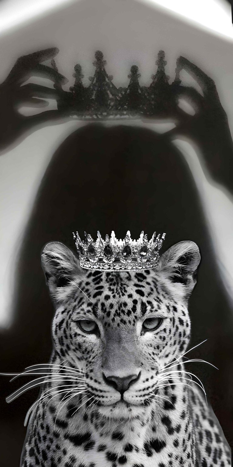 Experience regal power with this OLED wallpapers masterpiece featuring a crowned leopard under a mysterious shadow. This high-contrast wallpaper for iPhone showcases stunning monochromatic detail, sharp crown glints, and a dark, atmospheric mood.