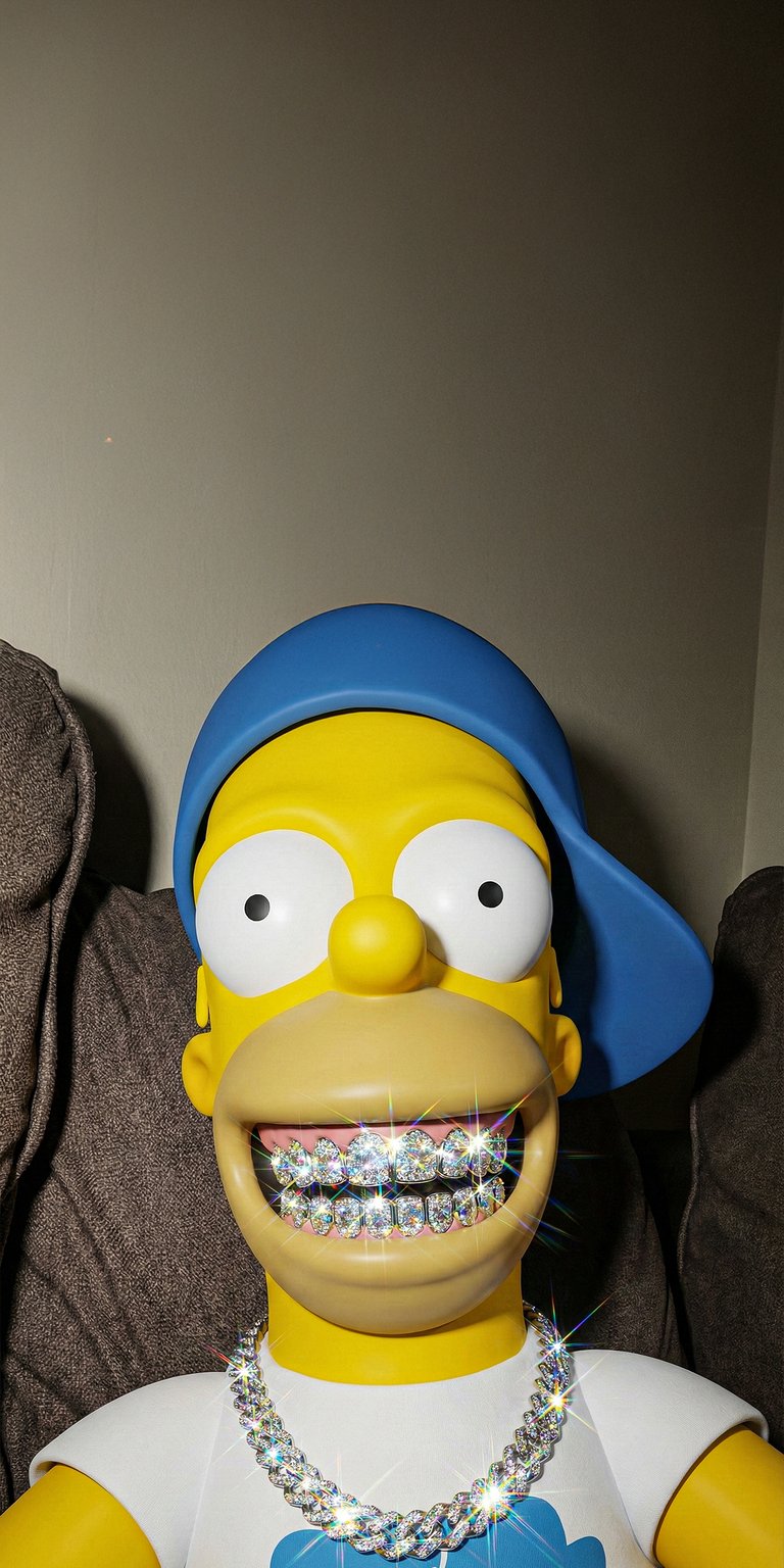 This 3D Homer Simpson wallpaper features a high-fidelity render of the iconic character wearing sparkling diamond grillz and a matching Cuban link chain. Optimized for iPhone, this aesthetic wallpaper utilizes sharp lighting and vibrant yellow tones to create a bold, modern look for your device.