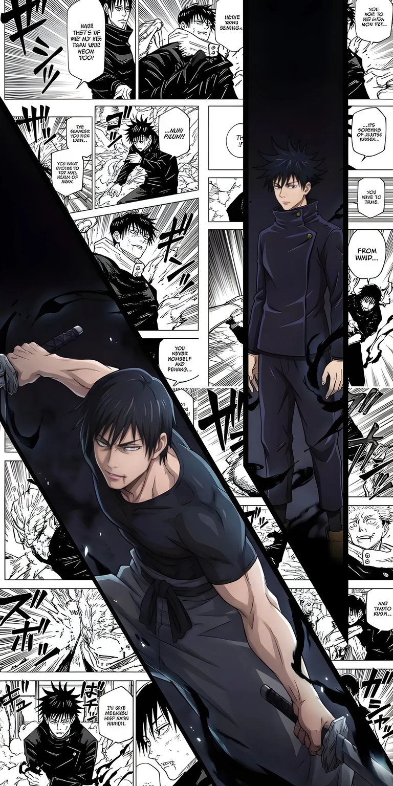 Check out this dynamic Toji Fushiguro 4K wallpaper for your iPhone, which highlights Toji with his sword, alongside manga panels. This striking wallpaper captures the intensity of the Jujutsu Kaisen universe, perfect for fans.