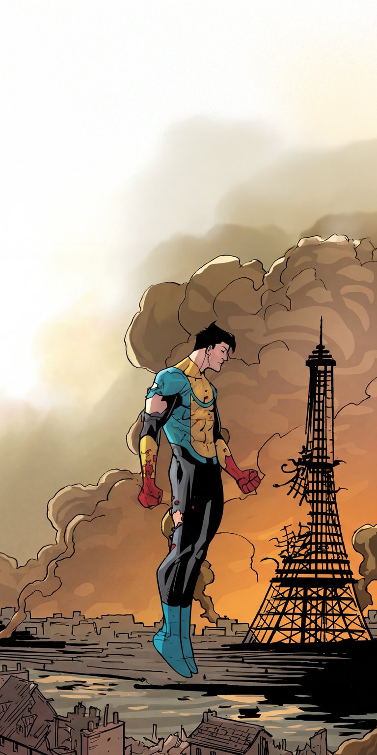 This 4K wallpaper features Mark Grayson hovering solemnly over a destroyed Paris landscape for your iPhone. The aesthetic wallpapers style highlights the somber mood through warm sunset tones and high-contrast debris.