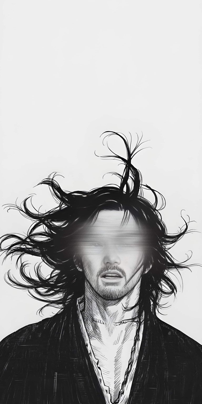 Download this striking Vagabond 4K wallpaper for your iPhone, showcasing the detailed ink strokes and the subject's wild, untamed hair. This expressive wallpaper captures the intensity of the character with a distinct monochromatic style.