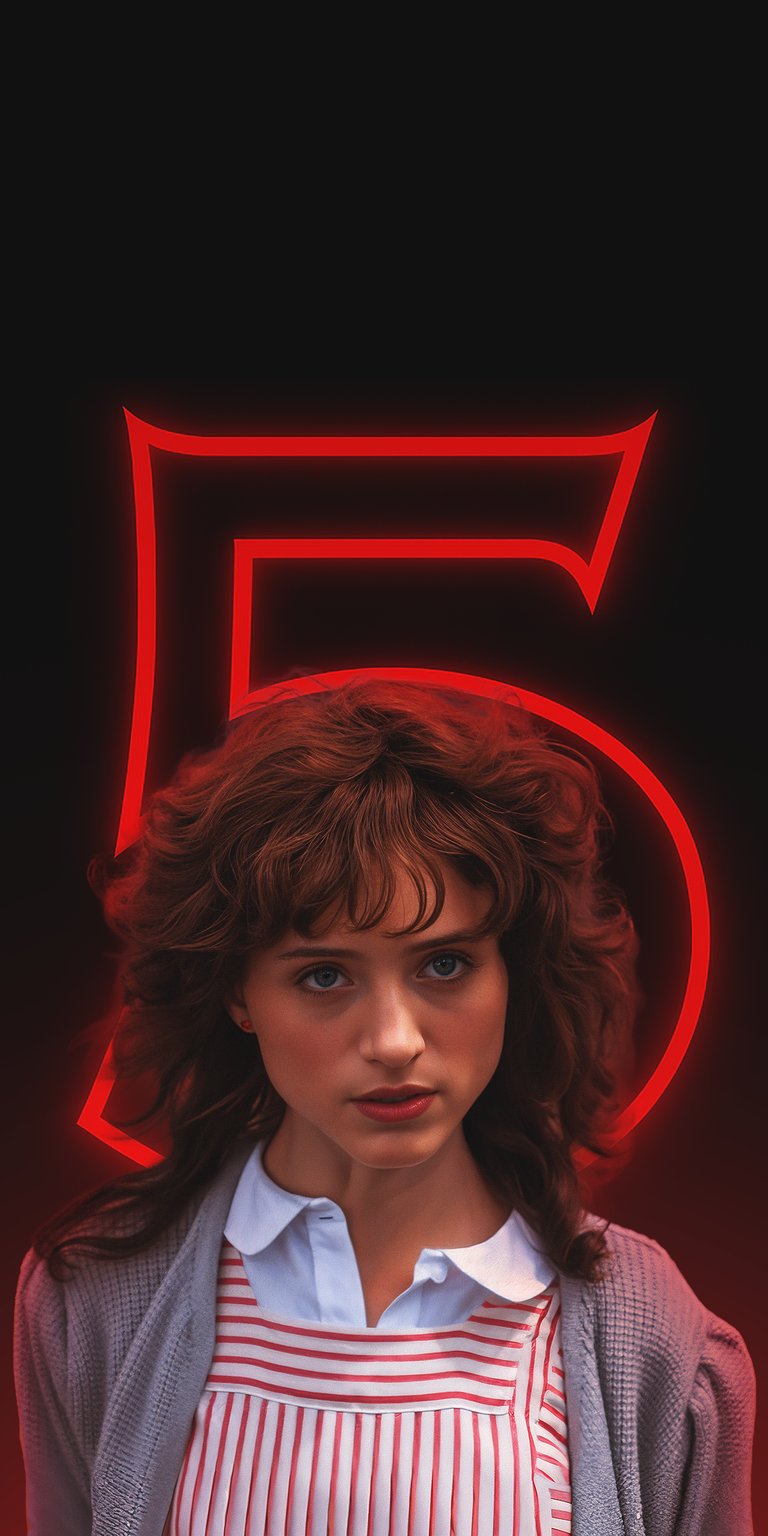Download this striking Nancy Wheeler 4K wallpaper for your iPhone, showcasing her intense gaze against a dark backdrop with a vibrant, red neon number. This captivating wallpaper highlights Nancy's curly hair and distinctive red and white striped outfit.
