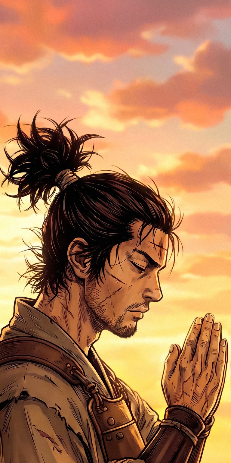 Download this Miyamoto Musashi 4K wallpaper for your iPhone, showcasing his hands clasped in prayer against a beautiful sunset sky. This unique wallpaper features his hair tied up in a topknot and the presence of scars across his face.