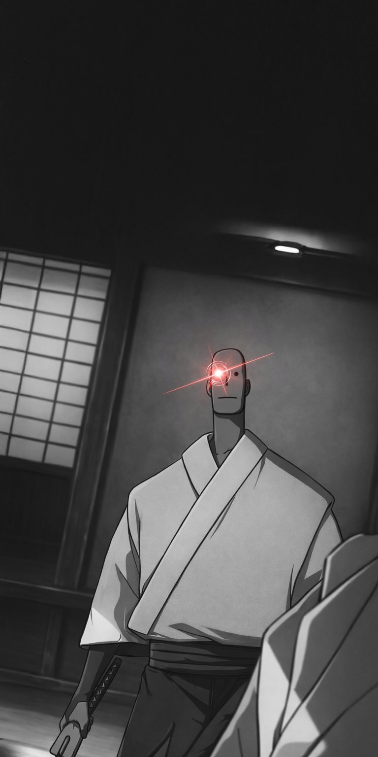 Doom Samurai red eye wallpaper presented as an aesthetic wallpapers style wallpaper for iPhone, featuring a cinematic illustrated scene. This wallpaper uses grayscale tones, low lighting, and a dark, ominous mood with strong depth.