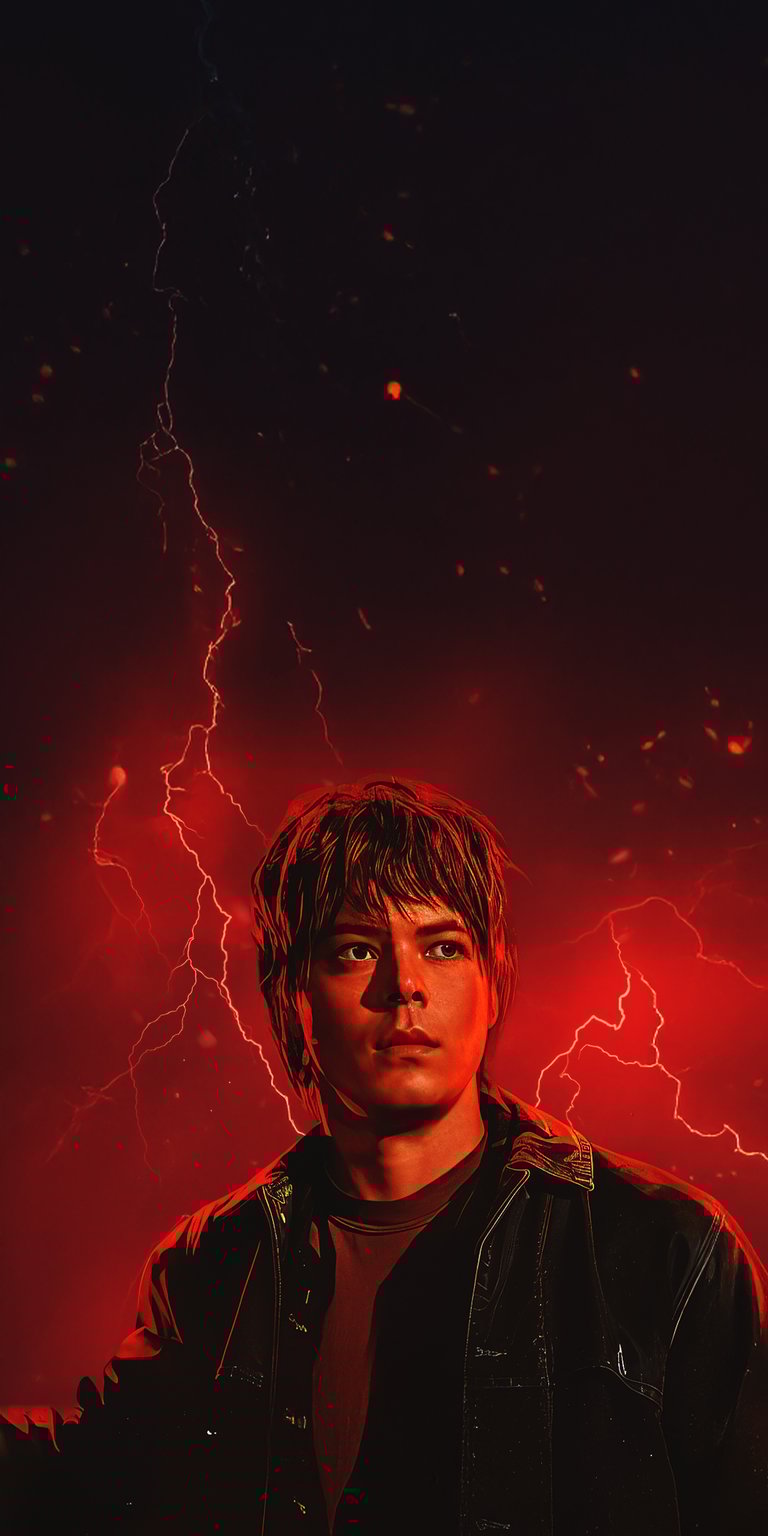 Download this intense Will Byers 4K wallpaper for your iPhone, featuring red lightning and a determined expression. The stunning wallpaper showcases Byers in a dark jacket and captures the eerie atmosphere.