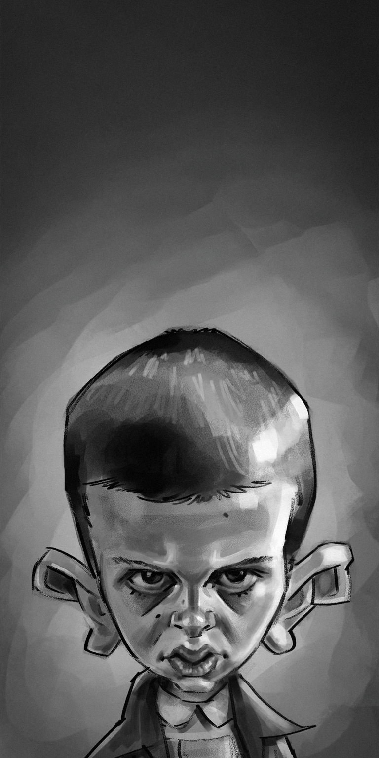 Download this Eleven 4K wallpaper for your iPhone, showcasing her characteristic scowl, large ears, and the distinct collar of her outfit. This unique wallpaper is sure to impress!