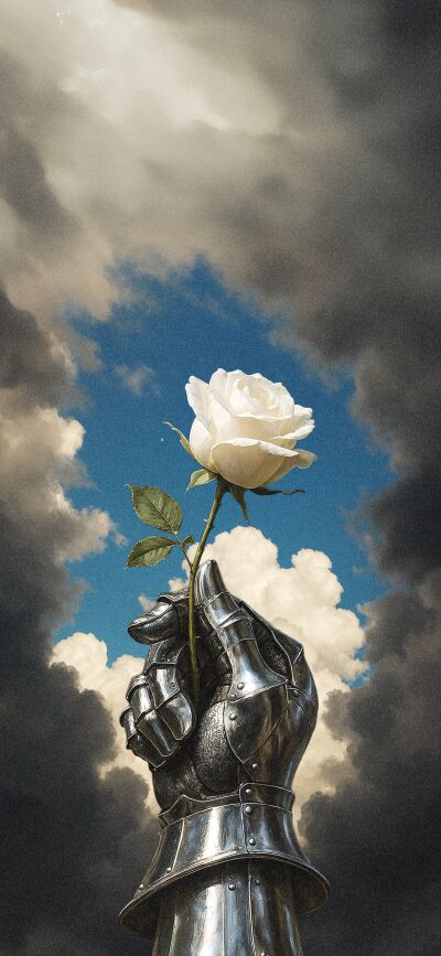 This Knight themed 4K wallpaper features a helmet being raised to the sky by outstretched arms, and a rose being held in a gauntlet. This 'matching' wallpaper can be shared with a friend on iPhone to create a continuous image.