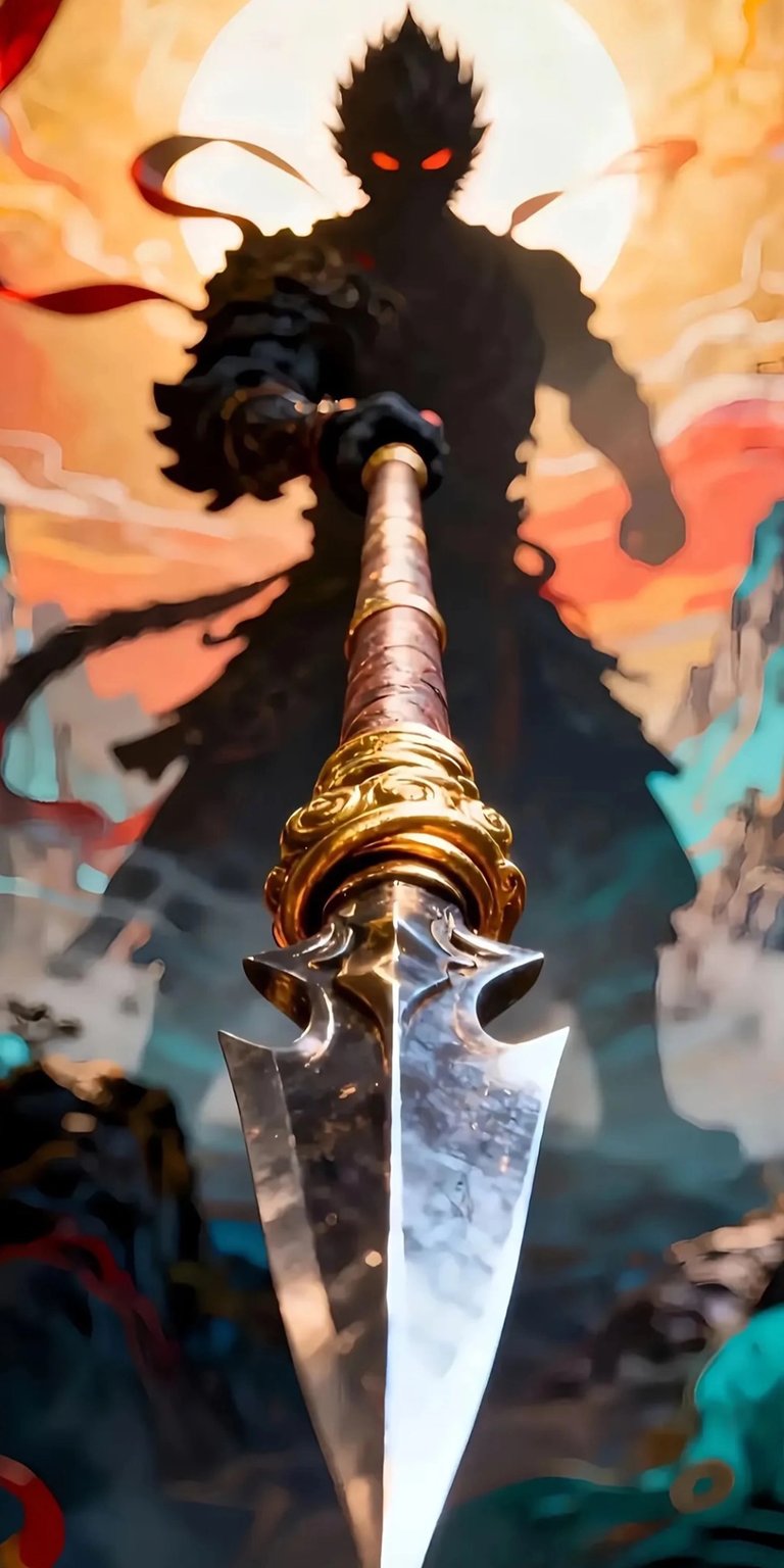 Download this dynamic Sun Wukong 4K wallpaper for your iPhone, featuring a detailed spear with gold accents and a shadowed figure with glowing red eyes. This wallpaper provides a unique, striking background.