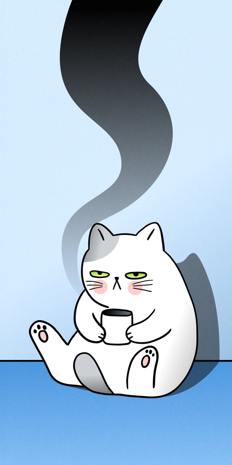White cat drinking a cup coffee wallpaper
