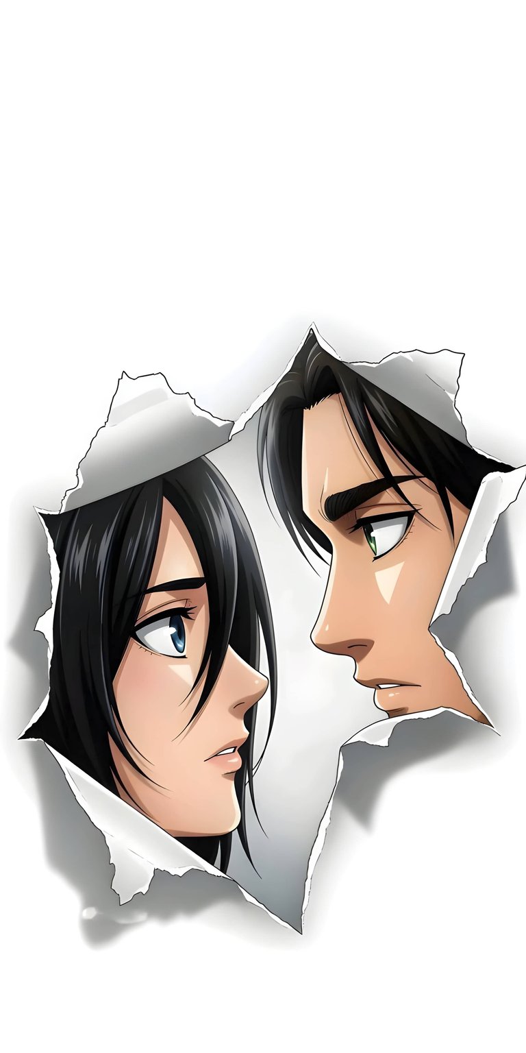 This 4K wallpaper features a striking aesthetic wallpapers design of Eren and Mikasa peering through a torn paper effect. Perfect for your iPhone, this high-contrast piece uses clean white space and sharp anime art style to create a dramatic look for your home screen.