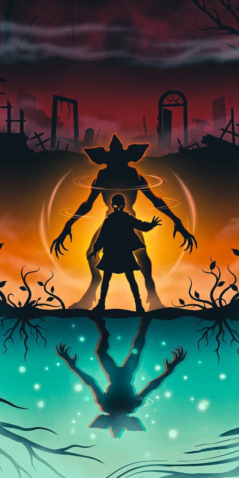 This Stranger Things 4K wallpaper is perfect for your iPhone, showcasing a sinister Demogorgon behind Eleven, with an eerie reflection in the Upside Down. Notice the spooky, ruined landscape in the background, contrasted with the glowing orbs beneath.